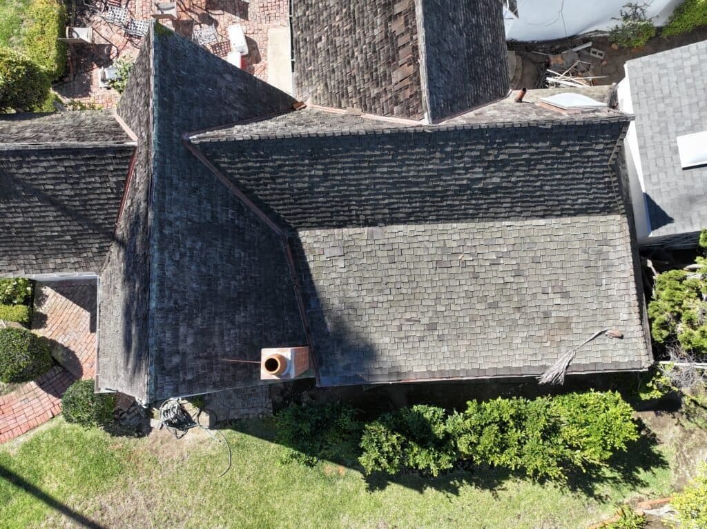 Drone Roof Inspection Richardson Roofing, roofing contractor, wood shingle roof, very steep