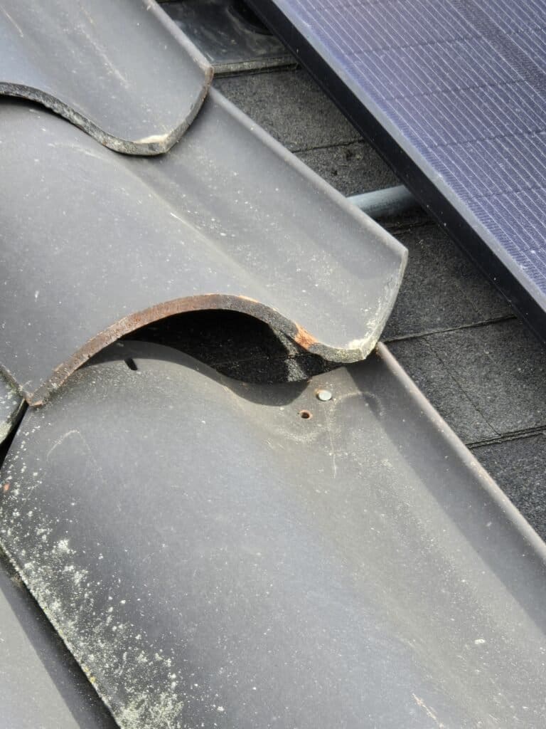 Roof Inspection on Passiflora Avenue, Encinitas, CA Tiles nailed into asphalt shingles. It is incorrect to mix asphalt shingles with a tile roof like this. This roof will start leaking in less than 10 years.