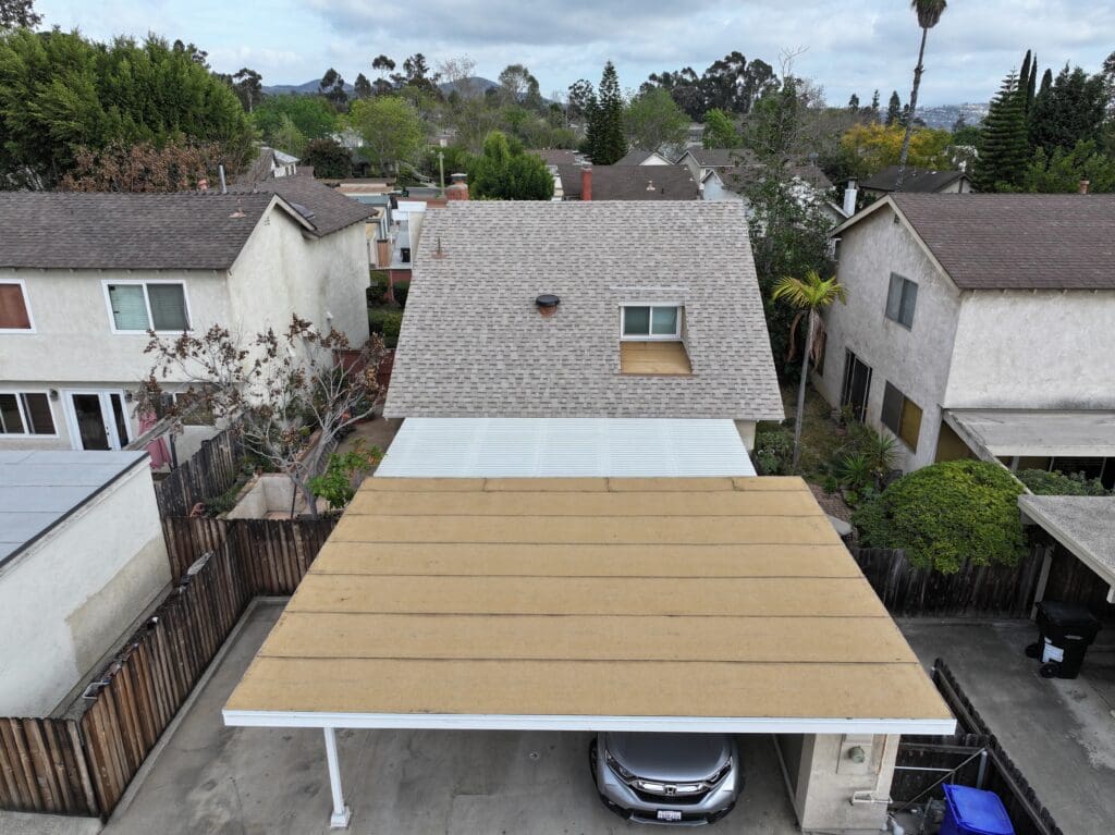 Roof Replacement in Tierrasanta, San Diego Roof Replacement in Tierrasanta, San Diego. We installed Owens Corning Duration Cool Shingles on the main roof and Dibiten Torchdown is installed on the recessed roof and carport.