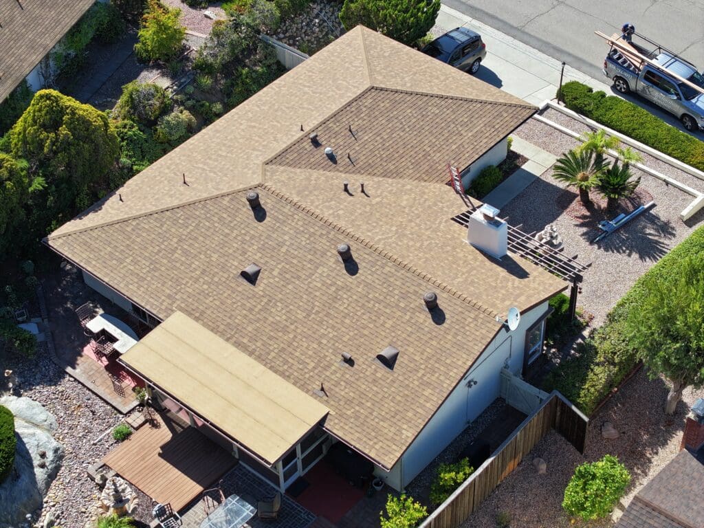 Roof Replacement in San Diego (Rancho Bernardo) on Selva Drive Roof Replacement San Diego (Rancho Bernardo), looking from back left side.