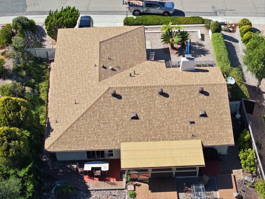 Roof Replacement in San Diego (Rancho Bernardo) on Selva Drive Roof Replacement San Diego (Rancho Bernardo), looking from back side.