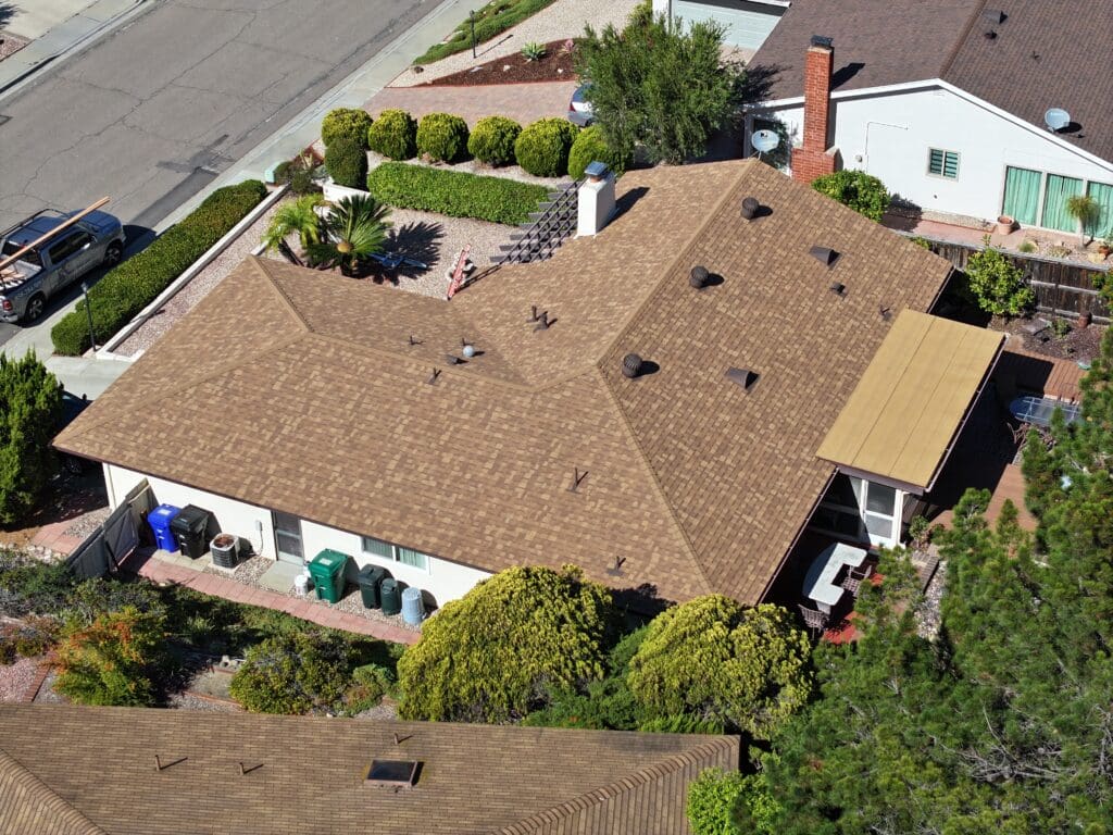 Roof Replacement in San Diego (Rancho Bernardo) on Selva Drive Roof Replacement Rancho Bernardo, looking from back right side.