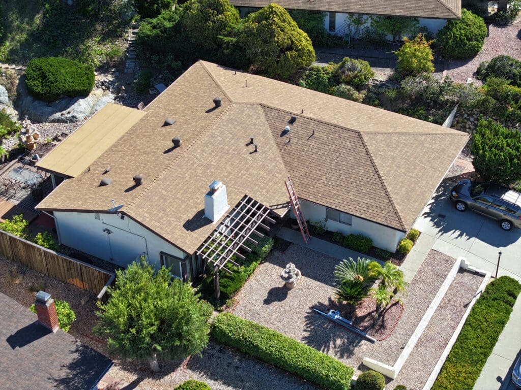Roof Replacement in San Diego (Rancho Bernardo) on Selva Drive Roof Replacement San Diego (Rancho Bernardo), looking from front left side.