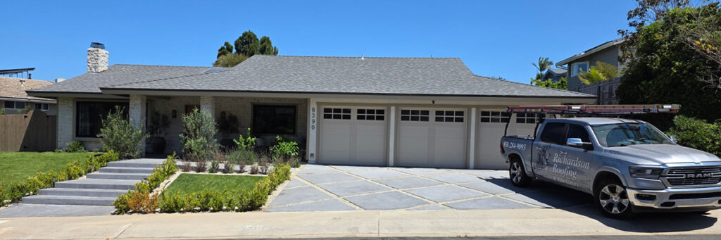 Roof Replacement La Jolla, Cliffridge Avenue A high-quality asphalt shingle roof replacement La Jolla property featuring clean architectural lines.