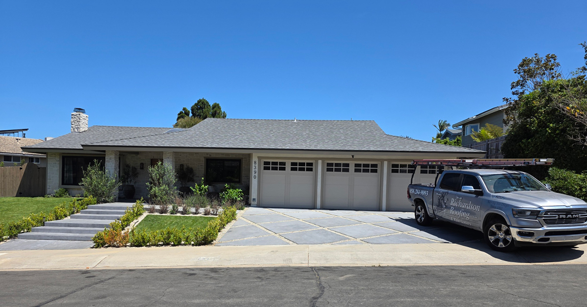 Roof Replacement in La Jolla at La Jolla Heights on Cliffridge A high-quality asphalt shingle roof replacement La Jolla property featuring clean architectural lines.
