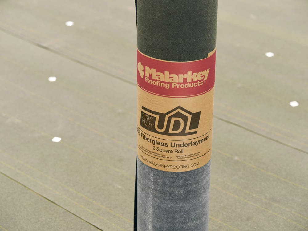 High-Performance Underlayment by Malarkey Malarkey Right Start® UDL, SBS Fiberglass underlayment installed on a roof deck by Richardson Roofing, ensuring superior moisture protection and roof longevity.