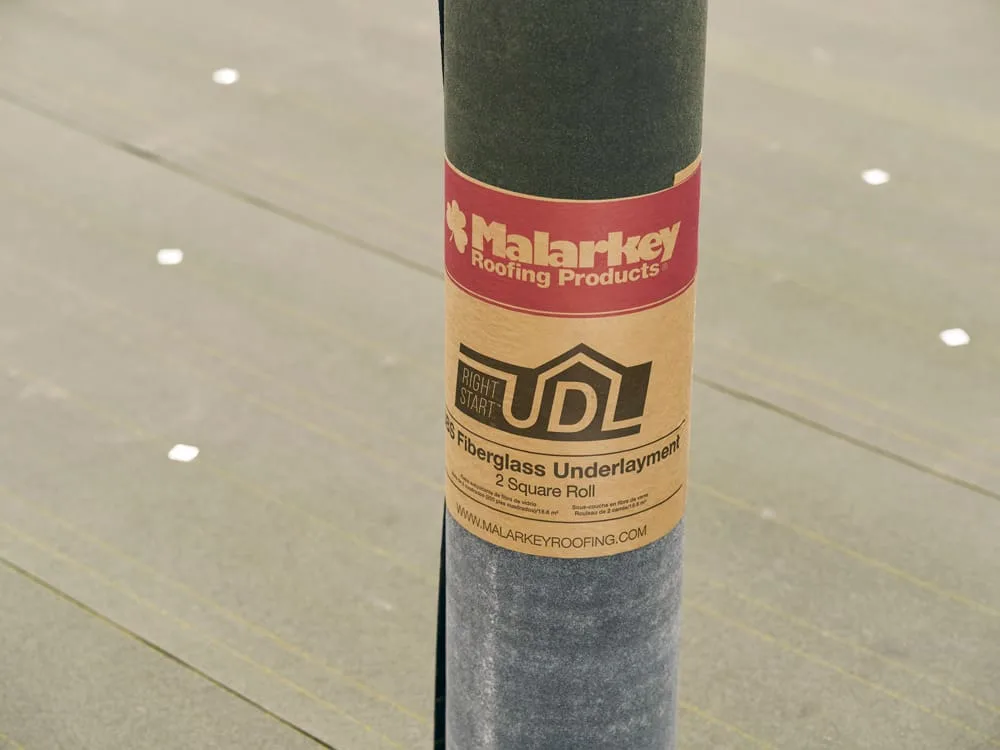 High-Performance Underlayment by Malarkey Malarkey Right Start® UDL, SBS Fiberglass underlayment installed on a roof deck by Richardson Roofing, ensuring superior moisture protection and roof longevity.