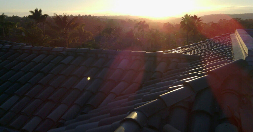 Roof repair project in Fairbanks Ranch at the end of the work day, completed by Richardson Roofing.