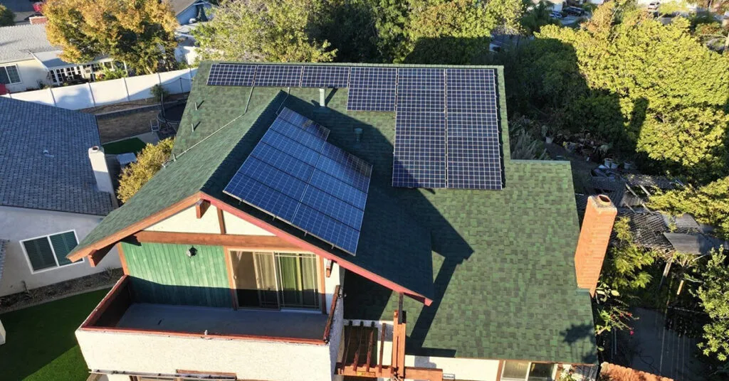 Mira Mesa Roofing Contractor Completed residential asphalt shingle roof replacement and solar panel installation in Mira Mesa by local roofing company Richardson Roofing.