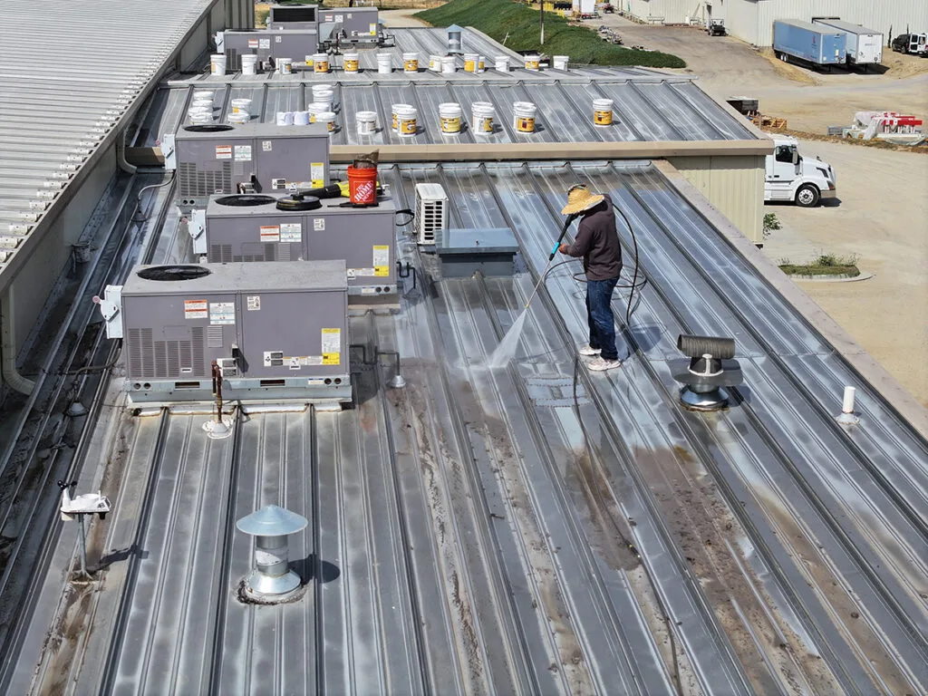 Preparation for Acrylic Over Metal, Commercial Roof Leak Repair In preparation for acrylic over metal the metal must be cleaned first or the material will not attach.