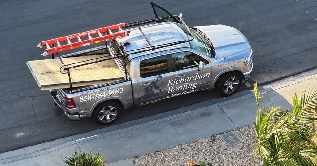 San Diego Roofing Contractor Branded Service Truck Branded service truck for San Diego roofing contractor Richardson Roofing, ready for local roof inspections and installations.