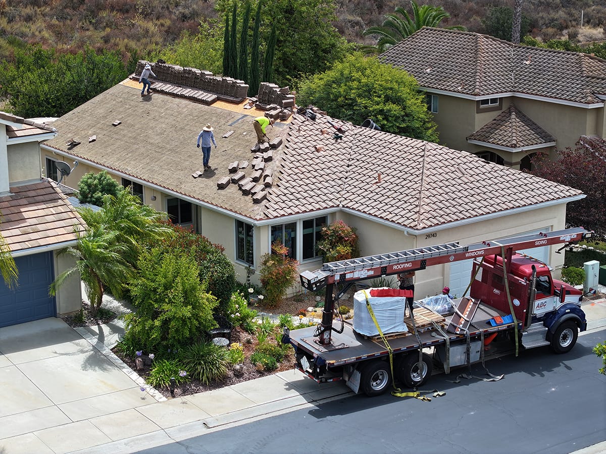 Escondido roof replacement in progress by Richardson Roofing.